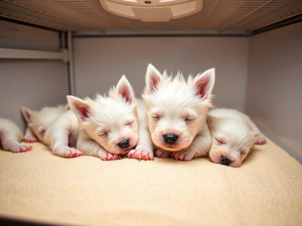Filhotes de West Highland White Terrier em berçário climatizado