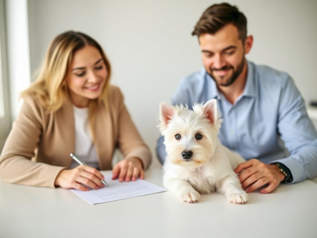 Casal assinando contrato de compra com filhote de Westie