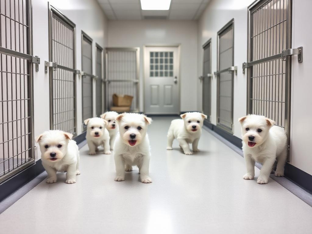Estrutura limpa do canil com filhotes de Westie