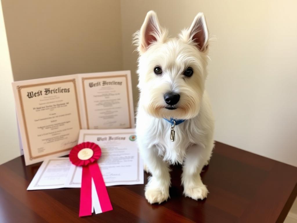 Westie adulto ao lado de certificados de pedigree