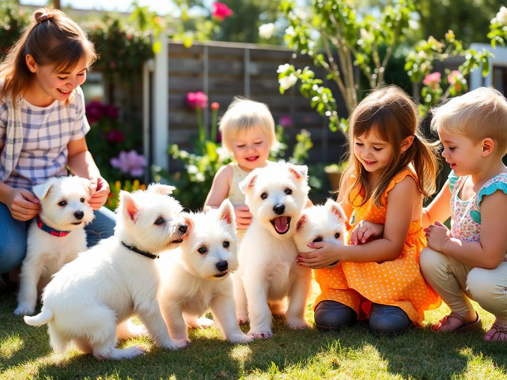 Filhotes de Westie brincando com crianças no jardim