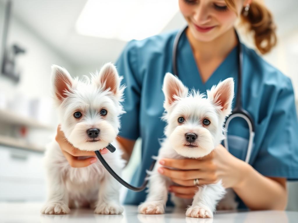 Veterinária examinando filhotes de Westie