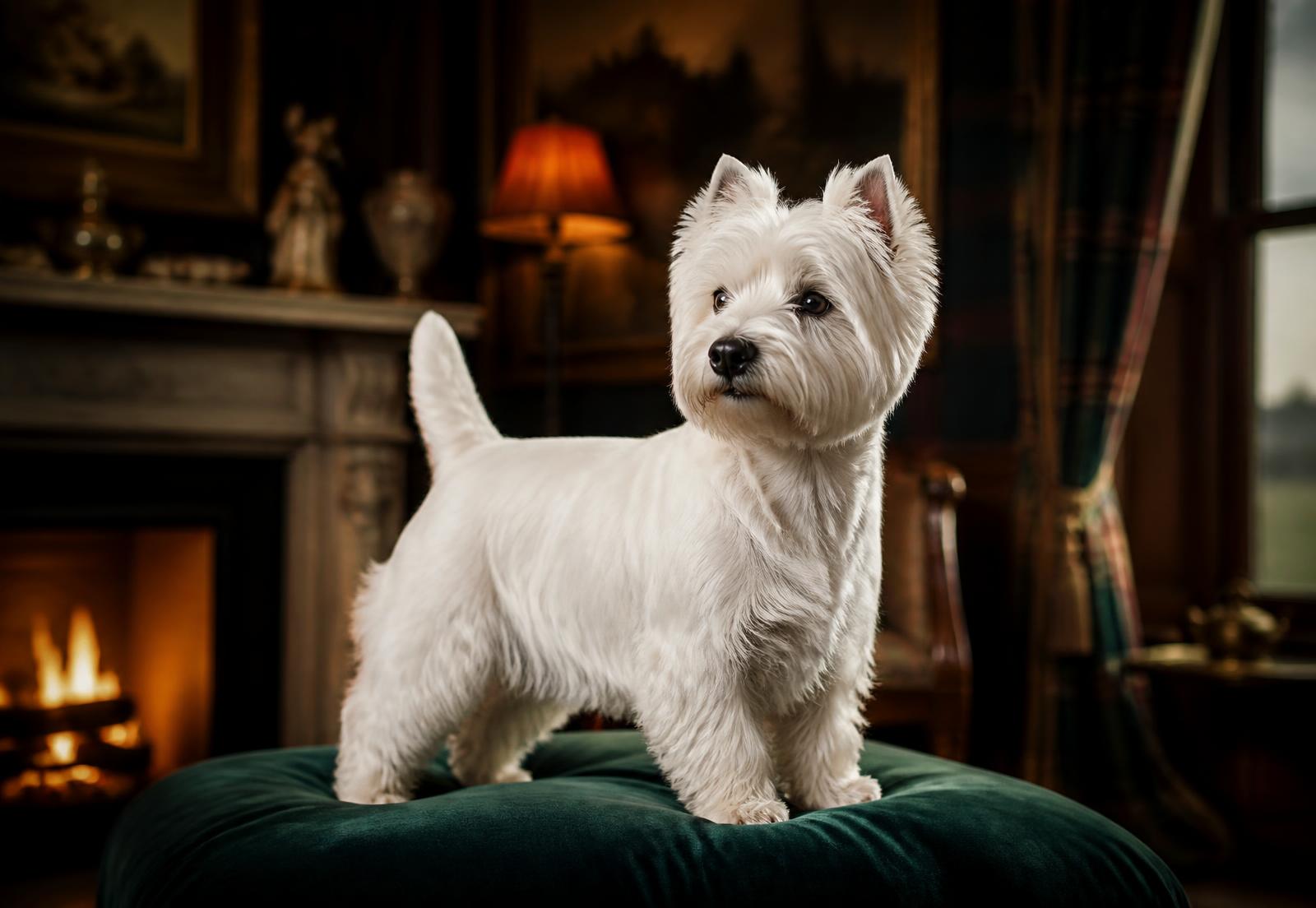 West Highland White Terrier adulto em ambiente clássico