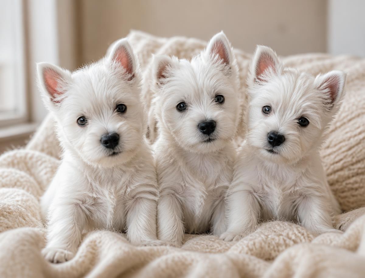 Três filhotes de Westie sobre manta creme