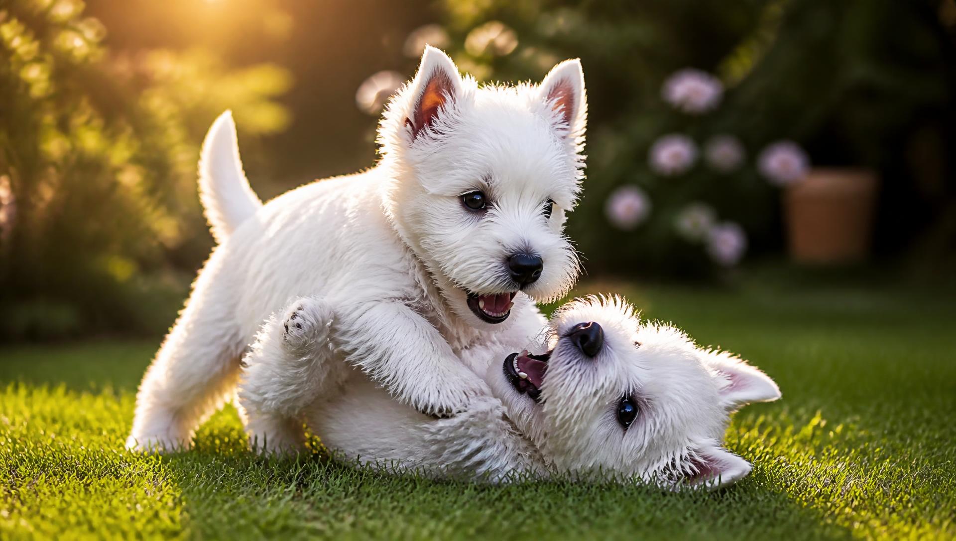 Filhotes de Westie brincando na grama
