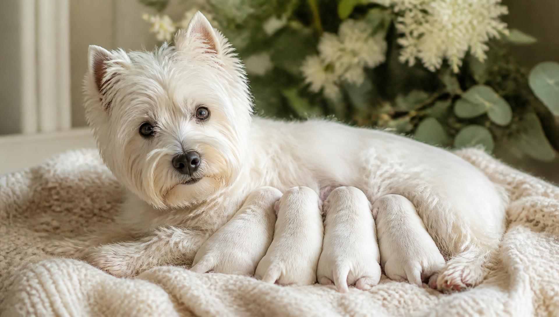 Mãe Westie com filhotes recém-nascidos sobre manta