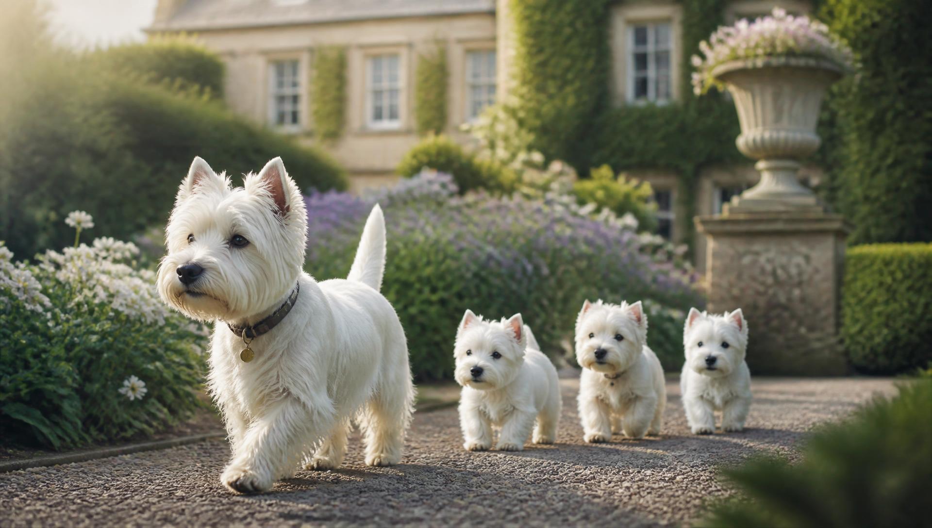 Matriz West Highland White Terrier caminhando no jardim com três filhotes