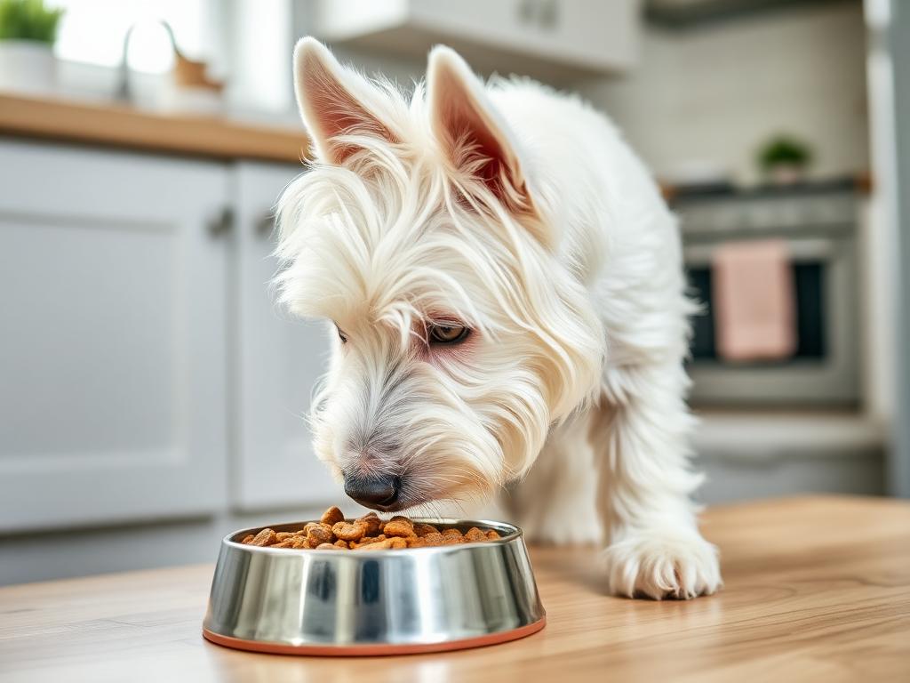 Westie comendo ração em cozinha clara