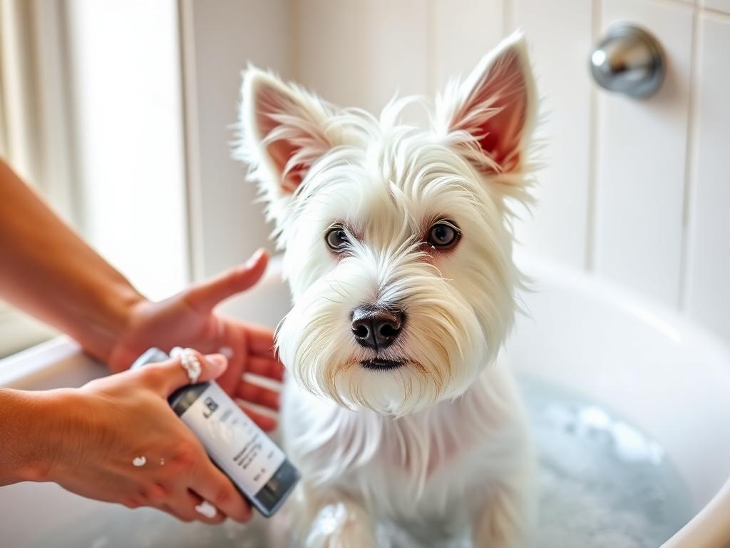 Westie tomando banho na banheira
