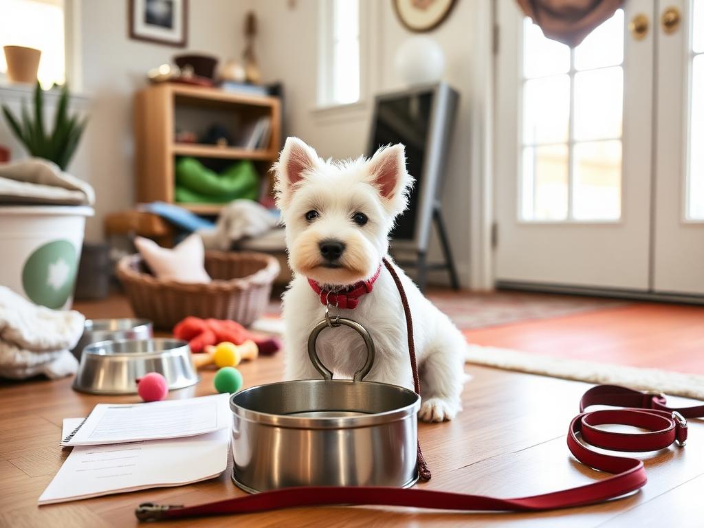 Filhote de Westie com itens de boas-vindas em casa