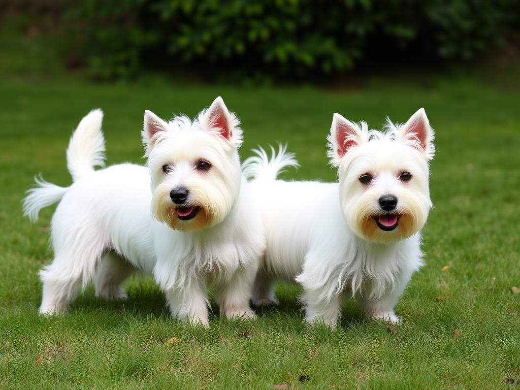 Dois Westies lado a lado no gramado