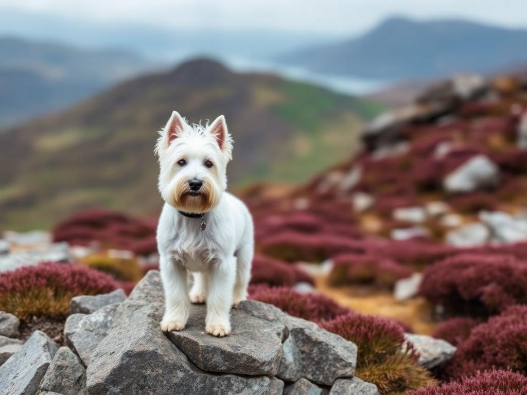 Westie em paisagem das terras altas da Escócia
