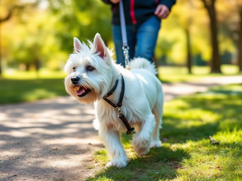 Westie passeando na guia em um parque