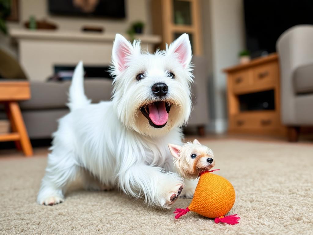 Westie brincando com brinquedo na sala